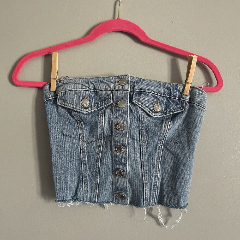 Zara Light Blue Denim Strapless Button-Front Corset Top